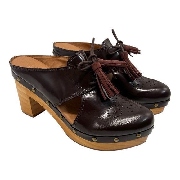 Pilcro Anthropologie Leather Studded Wine Leather Tassel Clogs Women’s 7 - Picture 1 of 14